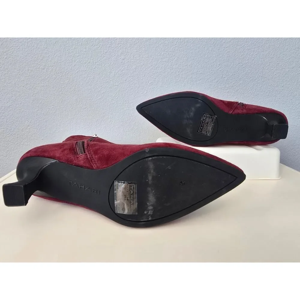Tahari Sonira Genuine Suede Ankle Boots Burgundy Kitten Heel 6.5 Luxe Leather